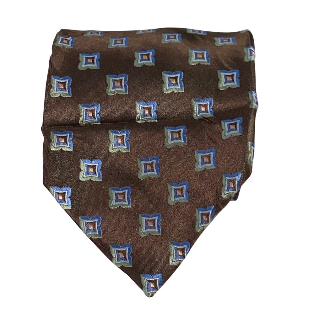 Vtg Beau Brummel Soho Necktie Brown Blue Geometric Silk Hand Made 63 x 3.5